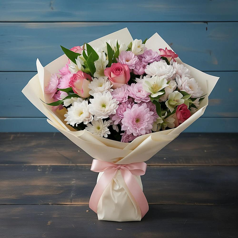 Букет цветов из: Хризантемы, Альстромерии и Розы в Верх-Чебуле